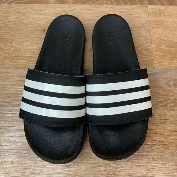 Adidas Women’s Black White Striped Slide Sandals - Picture 5 of 12